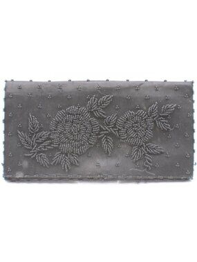 Vintage Black Beaded Floral Evening Clutch Embellished Design Satin Finish Flaws